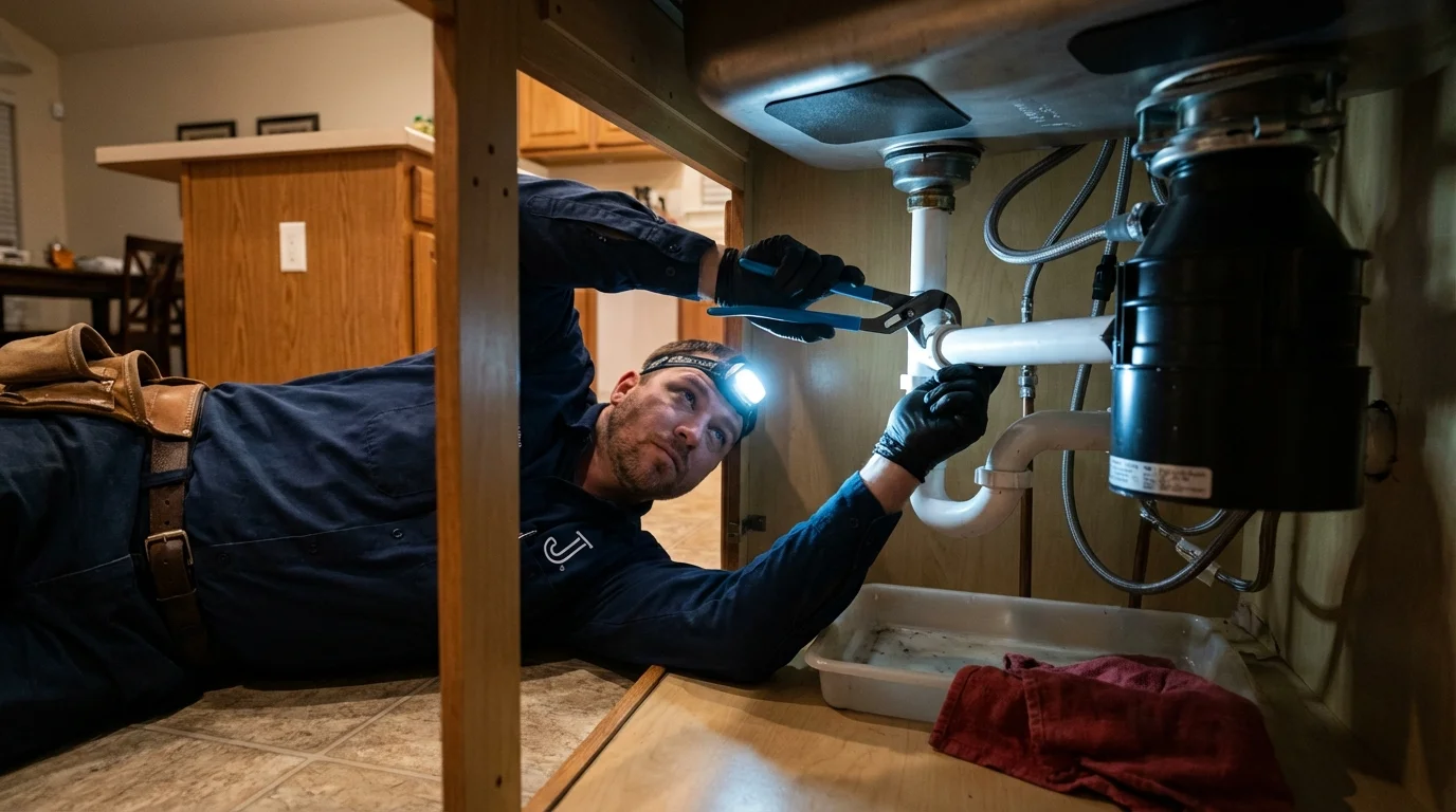 P-trap and supply line connections under a kitchen sink showing a common leak point in Maryville, MO